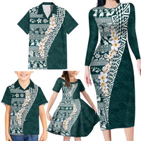 Hawaii Plumeria Tribal Vintage Family Matching Long Sleeve Bodycon Dress and Hawaiian Shirt Special Turquoise LT03 - Polynesian Pride