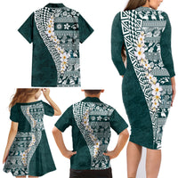 Hawaii Plumeria Tribal Vintage Family Matching Long Sleeve Bodycon Dress and Hawaiian Shirt Special Turquoise LT03 - Polynesian Pride