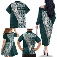 Hawaii Plumeria Tribal Vintage Family Matching Off The Shoulder Long Sleeve Dress and Hawaiian Shirt Special Turquoise LT03 - Polynesian Pride