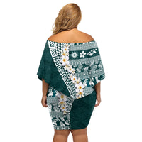 Hawaii Plumeria Tribal Vintage Family Matching Off Shoulder Short Dress and Hawaiian Shirt Special Turquoise LT03 - Polynesian Pride