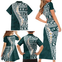 Hawaii Plumeria Tribal Vintage Family Matching Short Sleeve Bodycon Dress and Hawaiian Shirt Special Turquoise LT03 - Polynesian Pride