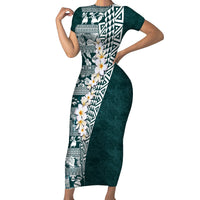 Hawaii Plumeria Tribal Vintage Family Matching Short Sleeve Bodycon Dress and Hawaiian Shirt Special Turquoise LT03 Mom's Dress Turquoise - Polynesian Pride