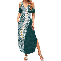 Hawaii Plumeria Tribal Vintage Family Matching Summer Maxi Dress and Hawaiian Shirt Special Turquoise LT03 Mom's Dress Turquoise - Polynesian Pride