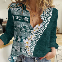 Hawaii Plumeria Tribal Vintage Women Casual Shirt Special Turquoise LT03 Female Turquoise - Polynesian Pride