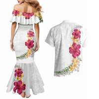 Hawaiian Plumeria and Hibiscus Couples Matching Mermaid Dress and Hawaiian Shirt White Mode LT03 - Polynesian Pride