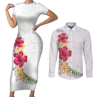 Hawaiian Plumeria and Hibiscus Couples Matching Short Sleeve Bodycon Dress and Long Sleeve Button Shirt White Mode LT03 White - Polynesian Pride