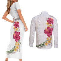 Hawaiian Plumeria and Hibiscus Couples Matching Short Sleeve Bodycon Dress and Long Sleeve Button Shirt White Mode LT03 - Polynesian Pride