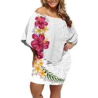 Hawaiian Plumeria and Hibiscus Family Matching Off Shoulder Short Dress and Hawaiian Shirt White Mode LT03 Mom's Dress White - Polynesian Pride