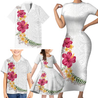 Hawaiian Plumeria and Hibiscus Family Matching Short Sleeve Bodycon Dress and Hawaiian Shirt White Mode LT03 - Polynesian Pride
