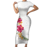 Hawaiian Plumeria and Hibiscus Family Matching Short Sleeve Bodycon Dress and Hawaiian Shirt White Mode LT03 Mom's Dress White - Polynesian Pride
