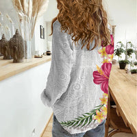 Hawaiian Plumeria and Hibiscus Women Casual Shirt White Mode