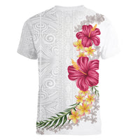 Hawaiian Plumeria and Hibiscus Women V-Neck T-Shirt White Mode