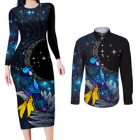 New Zealand Tui Bird Matariki Couples Matching Long Sleeve Bodycon Dress and Long Sleeve Button Shirt Galaxy Fern With Maori Pattern LT03 Blue - Polynesian Pride