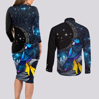 New Zealand Tui Bird Matariki Couples Matching Long Sleeve Bodycon Dress and Long Sleeve Button Shirt Galaxy Fern With Maori Pattern LT03 - Polynesian Pride