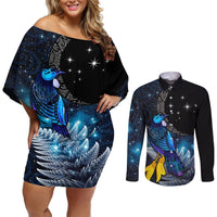 New Zealand Tui Bird Matariki Couples Matching Off Shoulder Short Dress and Long Sleeve Button Shirt Galaxy Fern With Maori Pattern LT03 Blue - Polynesian Pride