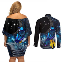 New Zealand Tui Bird Matariki Couples Matching Off Shoulder Short Dress and Long Sleeve Button Shirt Galaxy Fern With Maori Pattern LT03 - Polynesian Pride