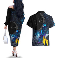 New Zealand Tui Bird Matariki Couples Matching Off The Shoulder Long Sleeve Dress and Hawaiian Shirt Galaxy Fern With Maori Pattern LT03 - Polynesian Pride