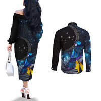 New Zealand Tui Bird Matariki Couples Matching Off The Shoulder Long Sleeve Dress and Long Sleeve Button Shirt Galaxy Fern With Maori Pattern LT03 - Polynesian Pride