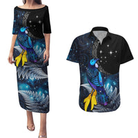 New Zealand Tui Bird Matariki Couples Matching Puletasi and Hawaiian Shirt Galaxy Fern With Maori Pattern LT03 Blue - Polynesian Pride