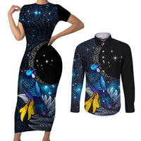New Zealand Tui Bird Matariki Couples Matching Short Sleeve Bodycon Dress and Long Sleeve Button Shirt Galaxy Fern With Maori Pattern LT03 Blue - Polynesian Pride