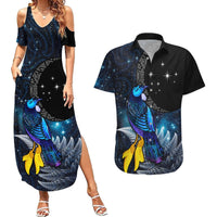 New Zealand Tui Bird Matariki Couples Matching Summer Maxi Dress and Hawaiian Shirt Galaxy Fern With Maori Pattern LT03 Blue - Polynesian Pride