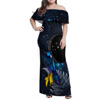 New Zealand Tui Bird Matariki Family Matching Off Shoulder Maxi Dress and Hawaiian Shirt Galaxy Fern With Maori Pattern LT03 Mom's Dress Blue - Polynesian Pride