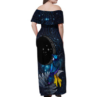 New Zealand Tui Bird Matariki Family Matching Off Shoulder Maxi Dress and Hawaiian Shirt Galaxy Fern With Maori Pattern LT03 - Polynesian Pride