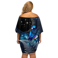 New Zealand Tui Bird Matariki Off Shoulder Short Dress Galaxy Fern With Maori Pattern LT03 - Polynesian Pride