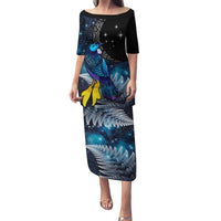 New Zealand Tui Bird Matariki Puletasi Galaxy Fern With Maori Pattern LT03 Long Dress Blue - Polynesian Pride