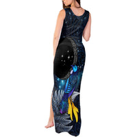 New Zealand Tui Bird Matariki Tank Maxi Dress Galaxy Fern With Maori Pattern