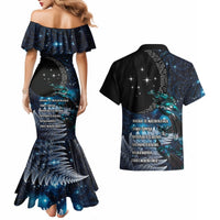 New Zealand Tui Bird Couples Matching Mermaid Dress and Hawaiian Shirt Matariki Poetry Pattern Galaxy Style LT03 - Polynesian Pride