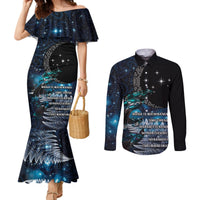 New Zealand Tui Bird Couples Matching Mermaid Dress and Long Sleeve Button Shirt Matariki Poetry Pattern Galaxy Style LT03 Blue - Polynesian Pride
