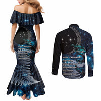 New Zealand Tui Bird Couples Matching Mermaid Dress and Long Sleeve Button Shirt Matariki Poetry Pattern Galaxy Style LT03 - Polynesian Pride
