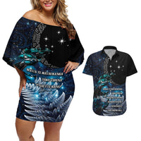 New Zealand Tui Bird Couples Matching Off Shoulder Short Dress and Hawaiian Shirt Matariki Poetry Pattern Galaxy Style LT03 Blue - Polynesian Pride