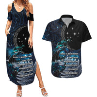 New Zealand Tui Bird Couples Matching Summer Maxi Dress and Hawaiian Shirt Matariki Poetry Pattern Galaxy Style LT03 Blue - Polynesian Pride