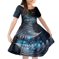 New Zealand Tui Bird Family Matching Puletasi and Hawaiian Shirt Matariki Poetry Pattern Galaxy Style LT03 Daughter's Dress Blue - Polynesian Pride