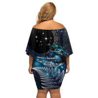 New Zealand Tui Bird Off Shoulder Short Dress Matariki Poetry Pattern Galaxy Style LT03 - Polynesian Pride