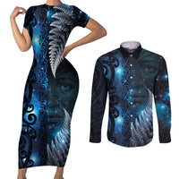 New Zealand Matariki Couples Matching Short Sleeve Bodycon Dress and Long Sleeve Button Shirt The Tribal Maori Face and Silver Fern LT03 Blue - Polynesian Pride