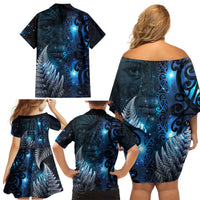 New Zealand Matariki Family Matching Off Shoulder Short Dress and Hawaiian Shirt The Tribal Maori Face and Silver Fern LT03 - Polynesian Pride