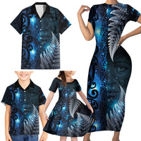 New Zealand Matariki Family Matching Short Sleeve Bodycon Dress and Hawaiian Shirt The Tribal Maori Face and Silver Fern LT03 - Polynesian Pride