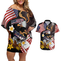 United States and American Samoa Together Couples Matching Off Shoulder Short Dress and Hawaiian Shirt Bald Eagle and Polynesian Traditional Culture with Plumeria