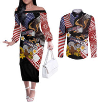 United States and American Samoa Together Couples Matching Off The Shoulder Long Sleeve Dress and Long Sleeve Button Shirt Bald Eagle and Polynesian Traditional Culture with Plumeria LT03 Black - Polynesian Pride