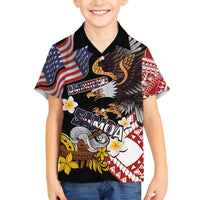 United States and American Samoa Together Family Matching Off The Shoulder Long Sleeve Dress and Hawaiian Shirt Bald Eagle and Polynesian Traditional Culture with Plumeria LT03 Son's Shirt Black - Polynesian Pride