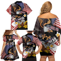 United States and American Samoa Together Family Matching Off Shoulder Short Dress and Hawaiian Shirt Bald Eagle and Polynesian Traditional Culture with Plumeria LT03 - Polynesian Pride