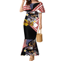 United States and American Samoa Together Mermaid Dress Bald Eagle and Polynesian Traditional Culture with Plumeria LT03 Women Black - Polynesian Pride