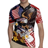 United States and American Samoa Together Rugby Jersey Bald Eagle and Polynesian Traditional Culture with Plumeria