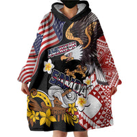 United States and American Samoa Together Wearable Blanket Hoodie Bald Eagle and Polynesian Traditional Culture with Plumeria