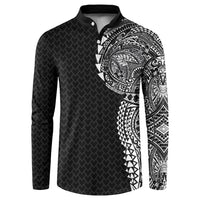 Hawaiian Traditional Tattoos Button Sweatshirt Kakau Tribal Tropical Plant Motif Black Color