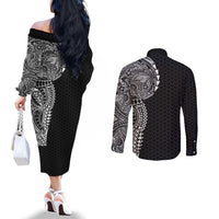 Hawaiian Traditional Tattoos Couples Matching Off The Shoulder Long Sleeve Dress and Long Sleeve Button Shirt Kakau Tribal Tropical Plant Motif Black Color LT03 - Polynesian Pride