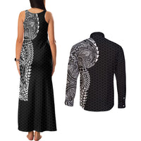 Hawaiian Traditional Tattoos Couples Matching Tank Maxi Dress and Long Sleeve Button Shirt Kakau Tribal Tropical Plant Motif Black Color LT03 - Polynesian Pride